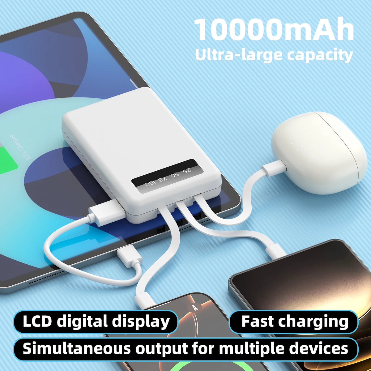 A white portable power bank with a digital display is shown connected to a smartphone and a wireless mouse, demonstrating sim