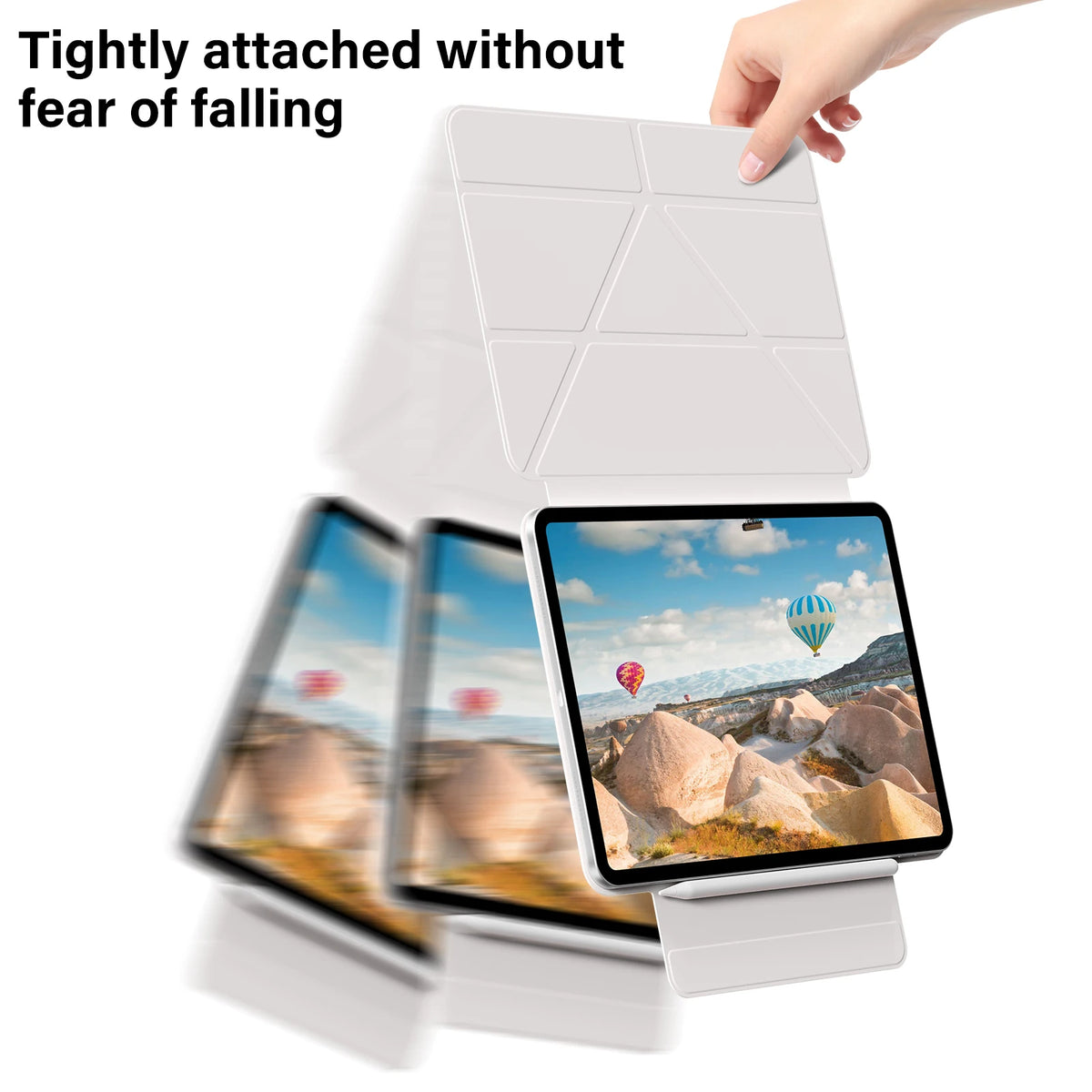 A hand holds a tightly attached magnetic protective case for an Apple iPad, showing the device inside.