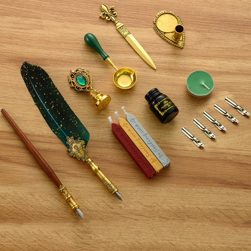 A luxury fountain pen set featuring a gold nib, ink, and wax seal kit displayed on a wooden surface.