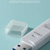 A white USB 3.0 card reader is shown next to a clear plastic case, demonstrating a driver-free plug-and-play design.