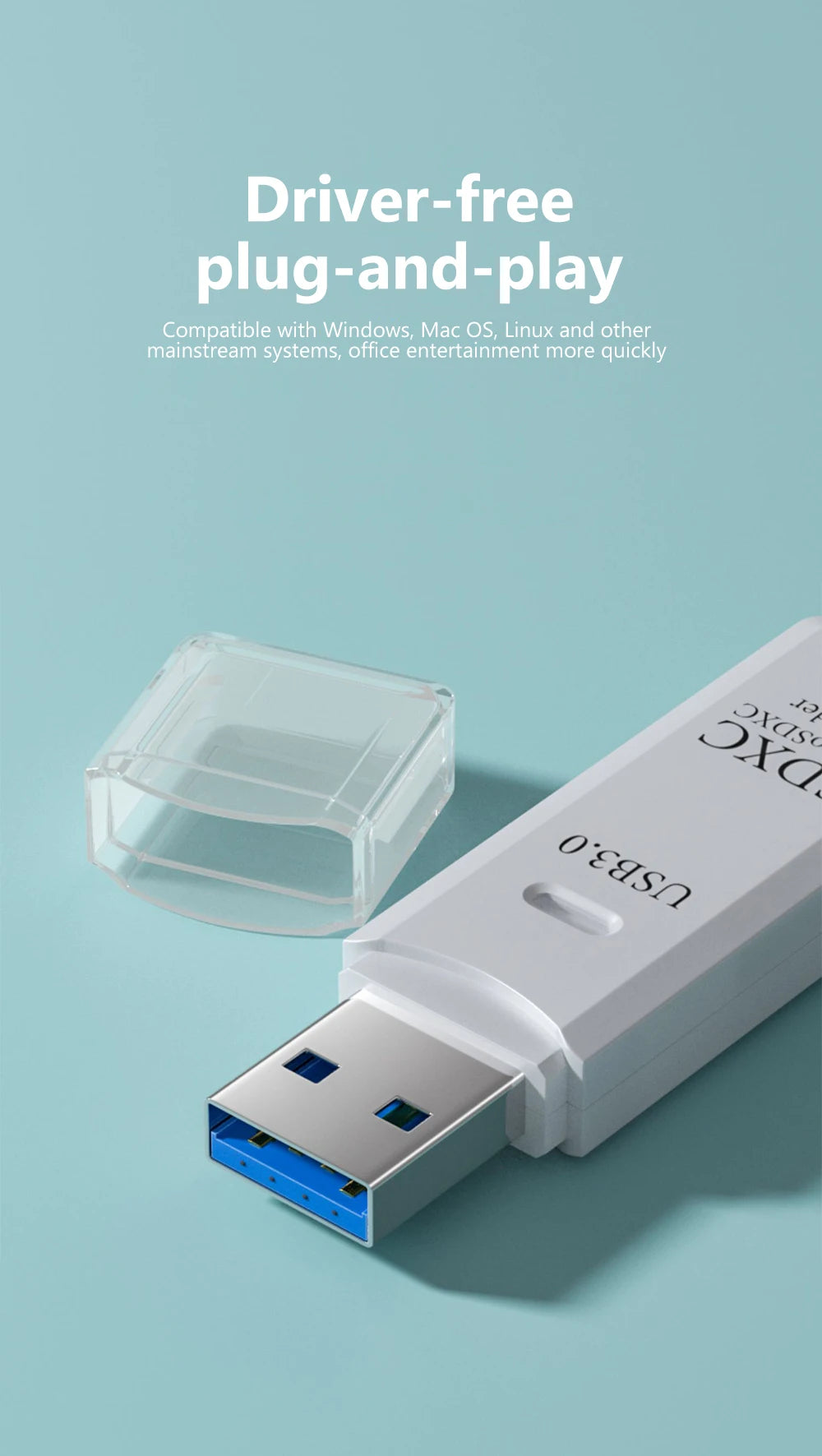 A white USB 3.0 card reader is shown next to a clear plastic case, demonstrating a driver-free plug-and-play design.