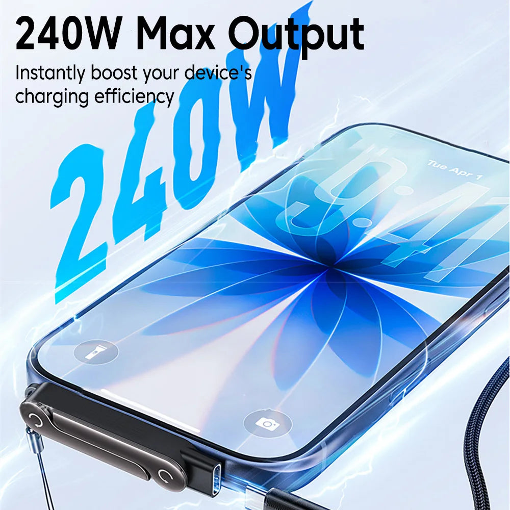 A close-up of a portable charger with a foldable stand and keychain, showing its USB-C connection to a smartphone.