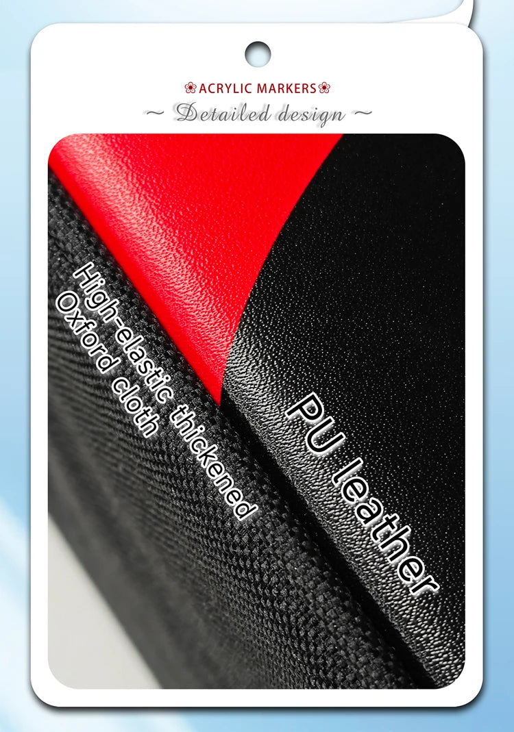 Close-up of a red acrylic marker tip against black PU leather and high-elastic thickened Oxford cloth.
