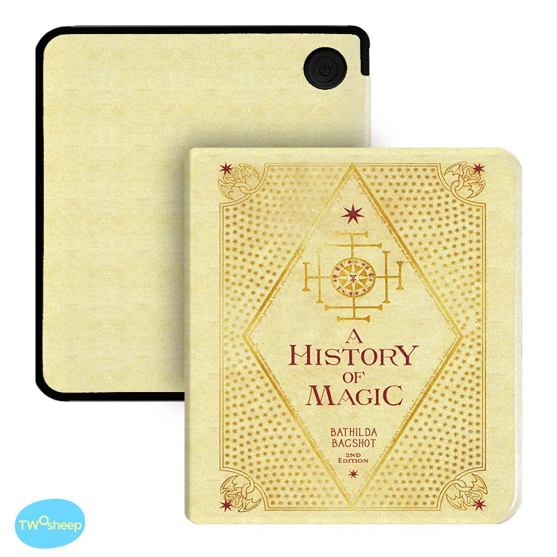 A vintage-style book cover for a magic history titled A History of Magic by Bathilda Bagshot, featuring gold foil details.