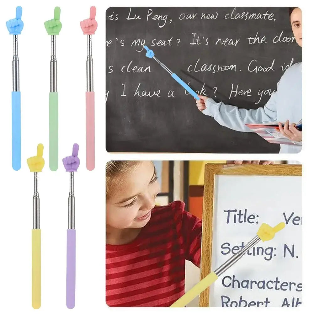 A collection of colorful adjustable telescopic reading sticks, including blue, green, pink, and yellow varieties.