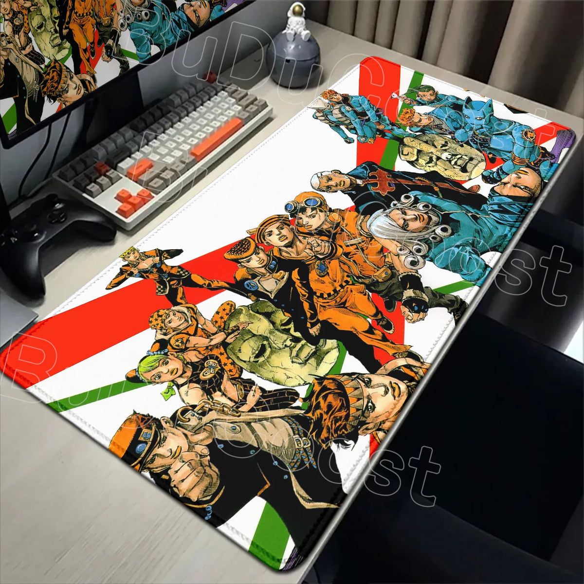 Anime-inspired XXL gaming mouse pad featuring a group of characters on a red and white background