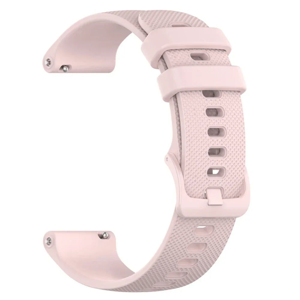 A light pink silicone watch band for a smartwatch, shown from the side.