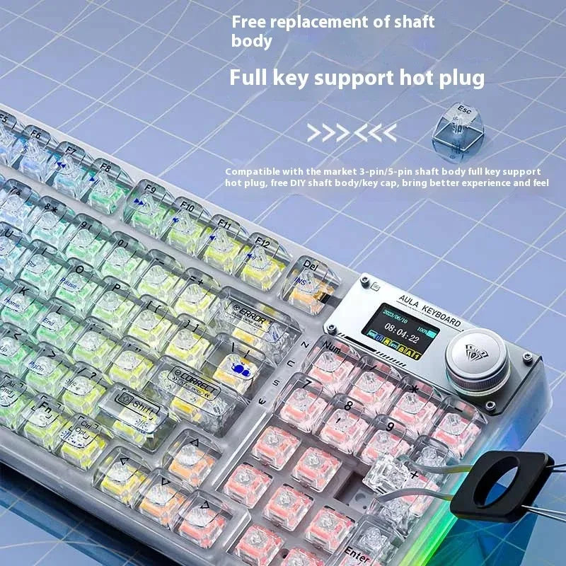 A transparent mechanical keyboard showing a close-up of the keycaps and switch housing with a free replacement shaft body.