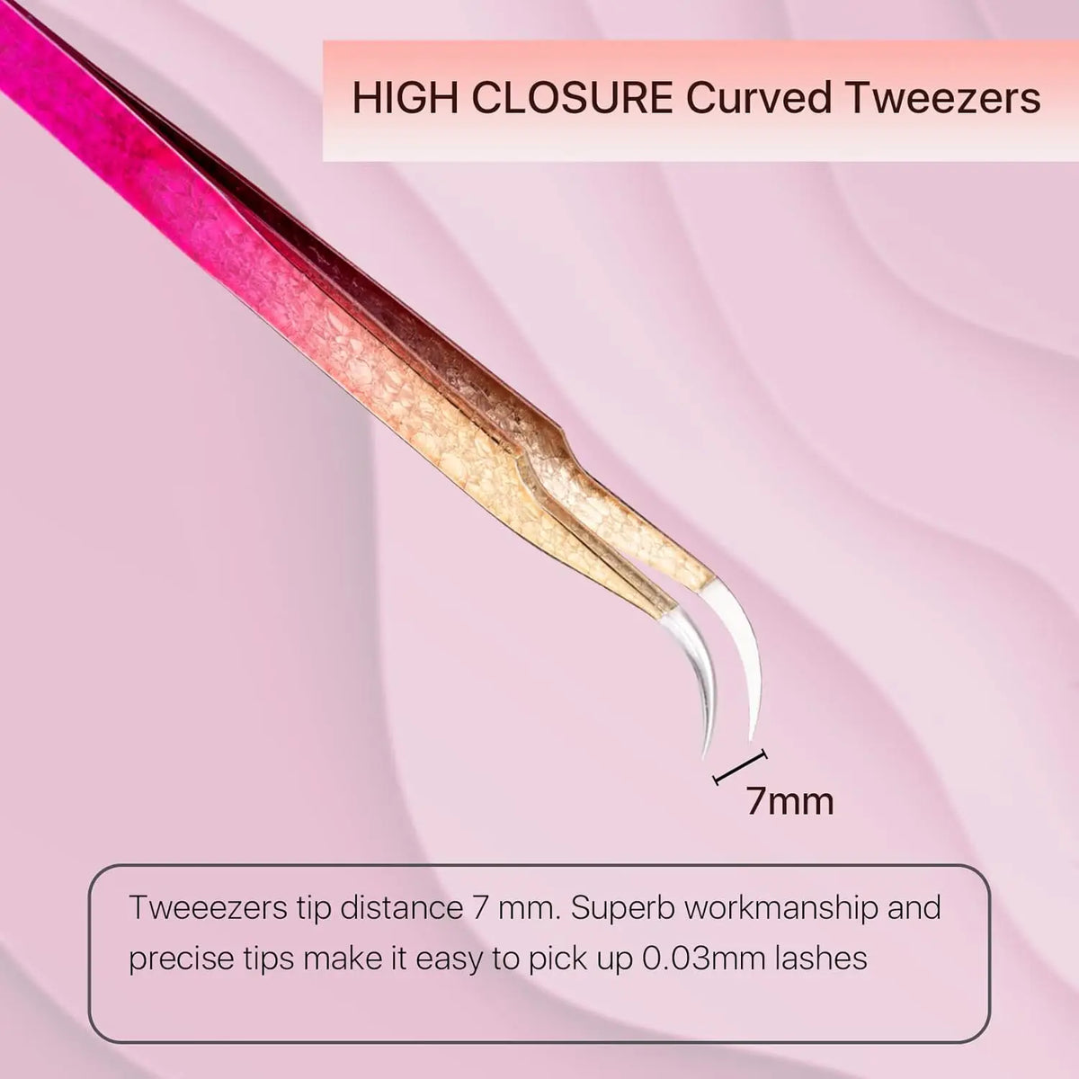 High closure curved tweezers with a gradient finish showing the tip distance of 7mm