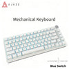A white mechanical keyboard with blue backlight and volume knob is shown from a top-down angle.