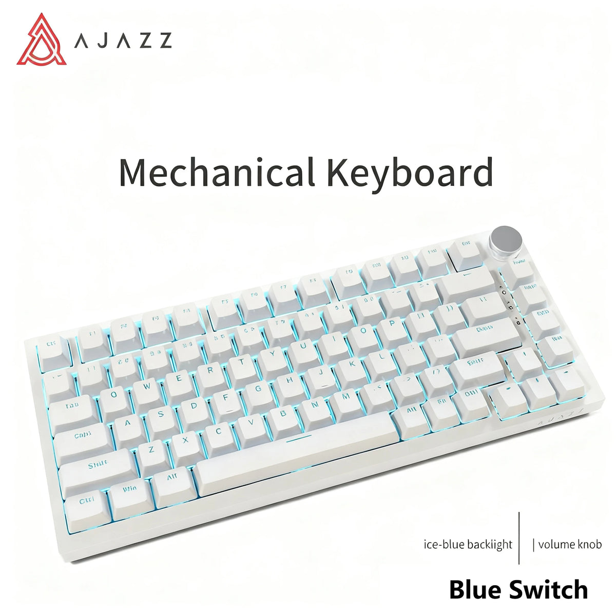 A white mechanical keyboard with blue backlight and volume knob is shown from a top-down angle.