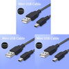 Three views of a black Mini USB cable used for data and charging connections.