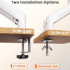 Two installation options for an ergonomic dual monitor mount showing a C-clamp and a grommet hole.
