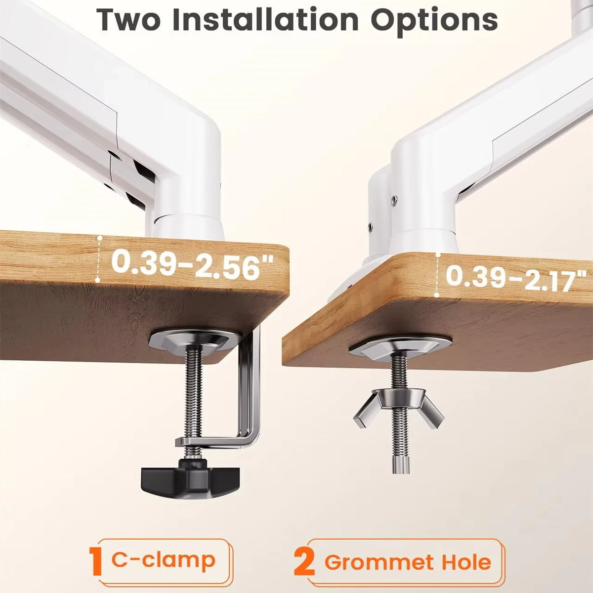 Two installation options for an ergonomic dual monitor mount showing a C-clamp and a grommet hole.