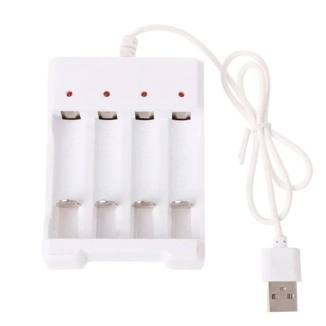 White universal rechargeable battery charger with multiple slots for AAA and AA cells