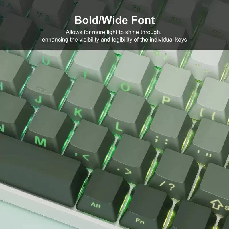 Primer plano de un teclado mostrando teclas con fuente ancha y negrita con retroiluminación RGB verde
