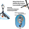 An extended selfie stick tripod is shown with a camera mounted on top, demonstrating stability and 360-degree rotation capabi