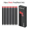 A box containing 10 black pens with black ink and red caps.
