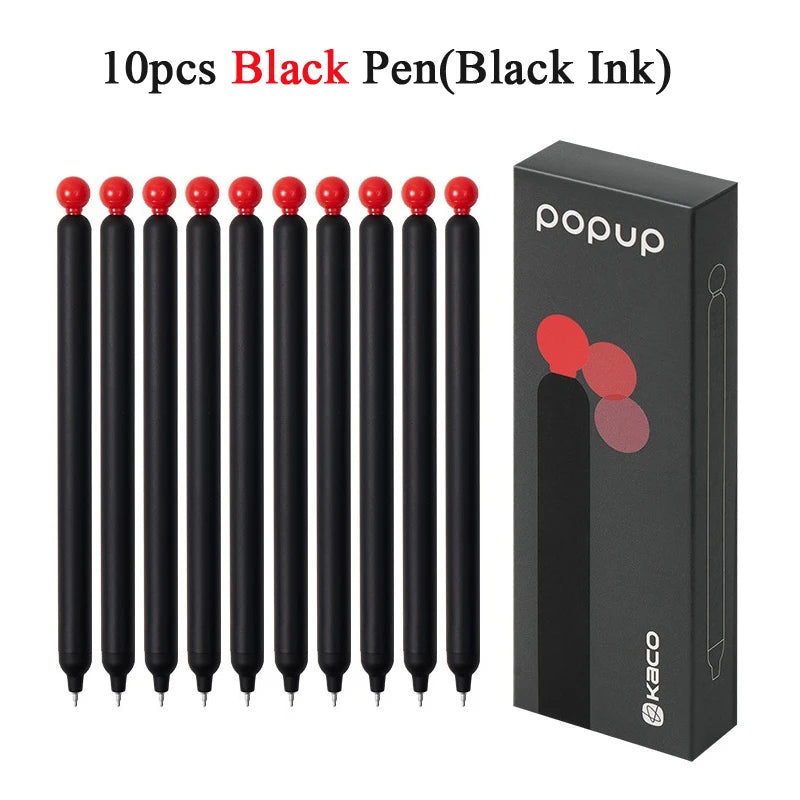 A box containing 10 black pens with black ink and red caps.