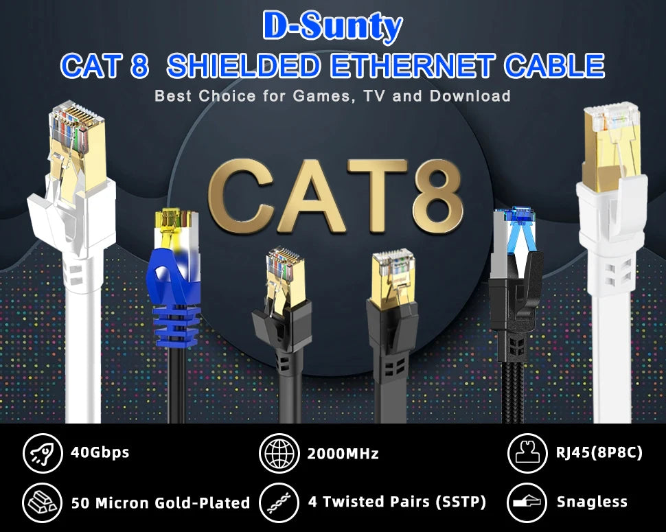 Darstellung von D-Sunty CAT8 abgeschirmten Ethernet-Kabeln, die 40Gbit/s-Geschwindigkeit, 2000MHz-Frequenz, RJ45-Stecker und 