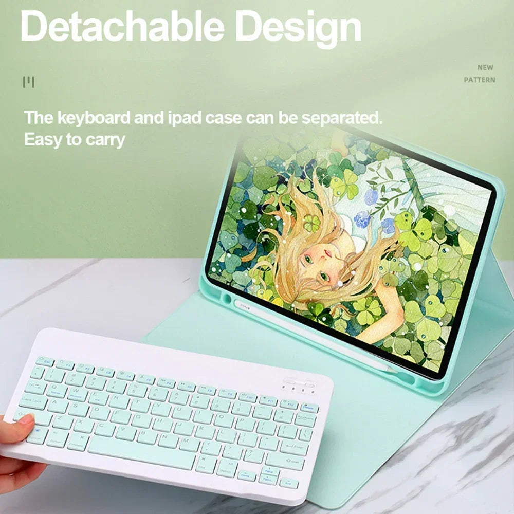 A detachable keyboard case for an iPad is shown alongside the separated keyboard, demonstrating its easy to carry design.