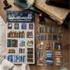 A sheet of MO-CARD stickers featuring various vintage book illustrations and textures for scrapbooking
