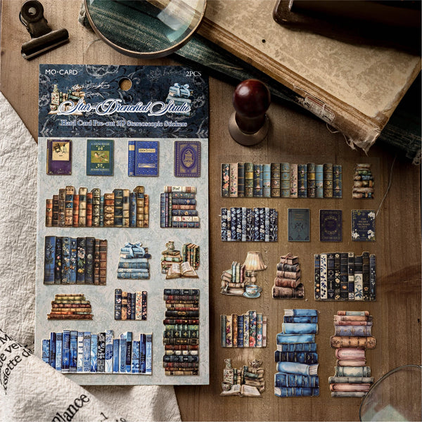 Ein Blatt MO-CARD Aufkleber mit verschiedenen Vintage-Buchillustrationen und Texturen zum Scrapbooking