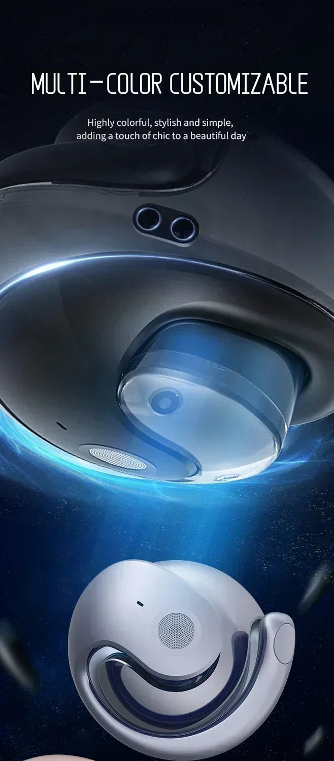 A close-up view of a silver wireless Bluetooth earbud with blue light effects against a dark, starry background.