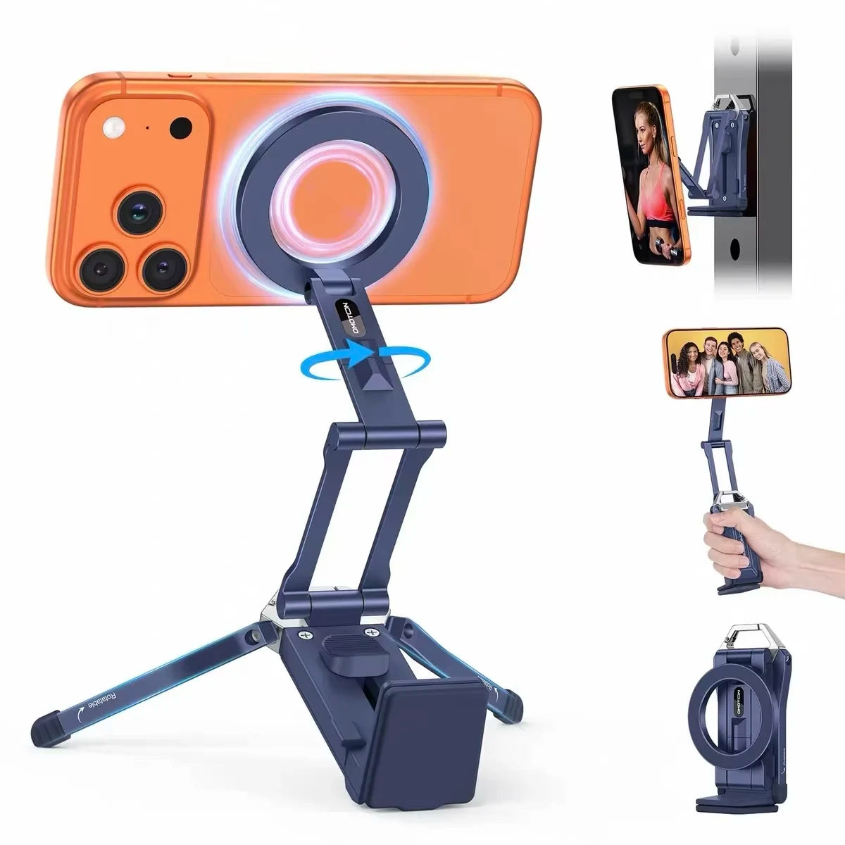 Soporte magnético naranja para teléfono con lente circular, montado en una base negra ajustable.