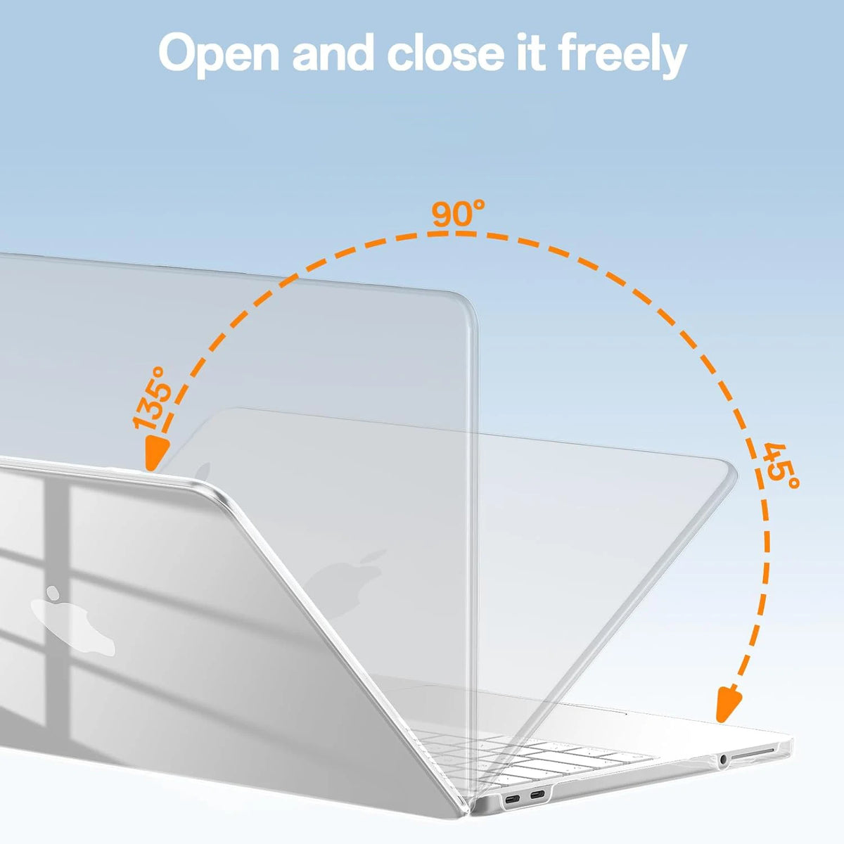A laptop is shown with an open lid, demonstrating the ability to open and close it freely.