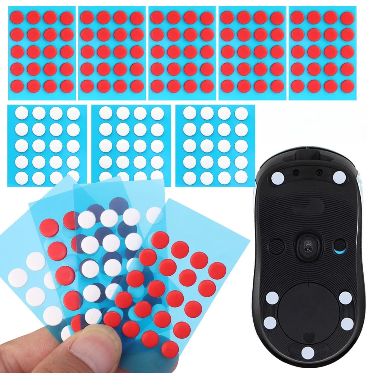 A hand holds a blue silicone skate with red and white dots, next to multiple grids of round PTFE glide feet.