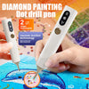 A white diamond painting dot drill pen is shown being used to place diamonds onto a blue background.
