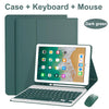 A dark green Bluetooth keyboard case for an iPad, showing the case, keyboard, and mouse together.