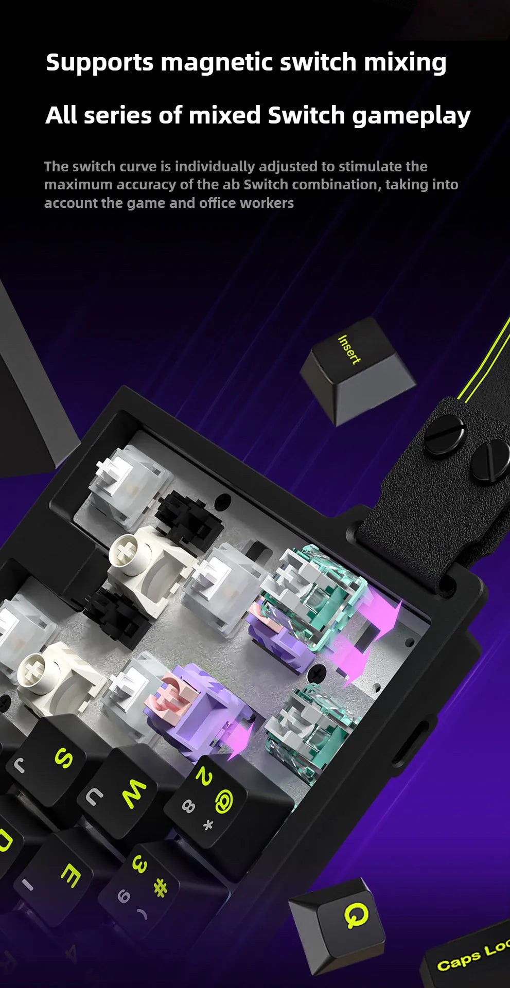 A close-up view of a magnetic switch mechanical keyboard showing various colored switches and components.
