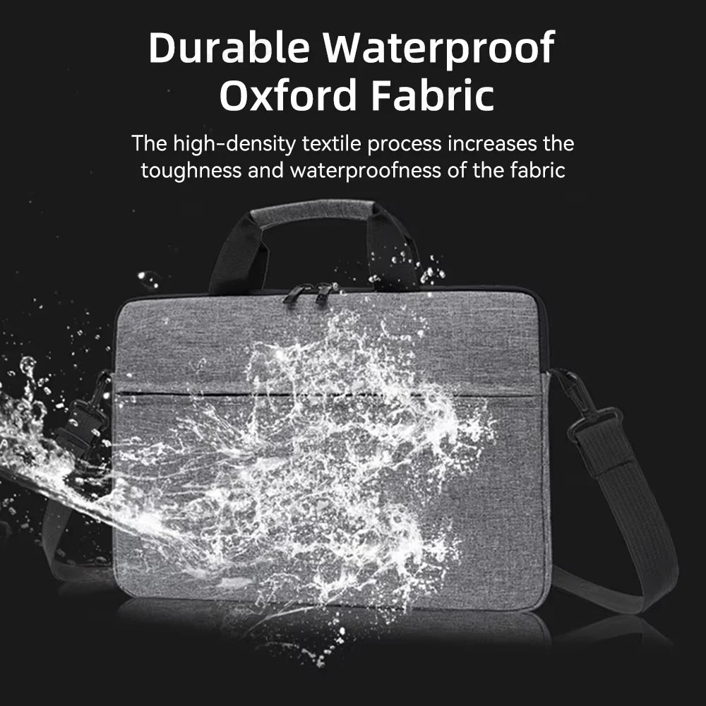 A gray Oxford fabric laptop tote bag is shown with water splashing around it.
