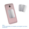 A pink phone case with a metal plate attached, shown next to two separate metal plates for magnetic mounting.