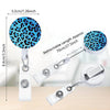 A leopard print retractable badge holder with a blue and black pattern, shown in various forms.