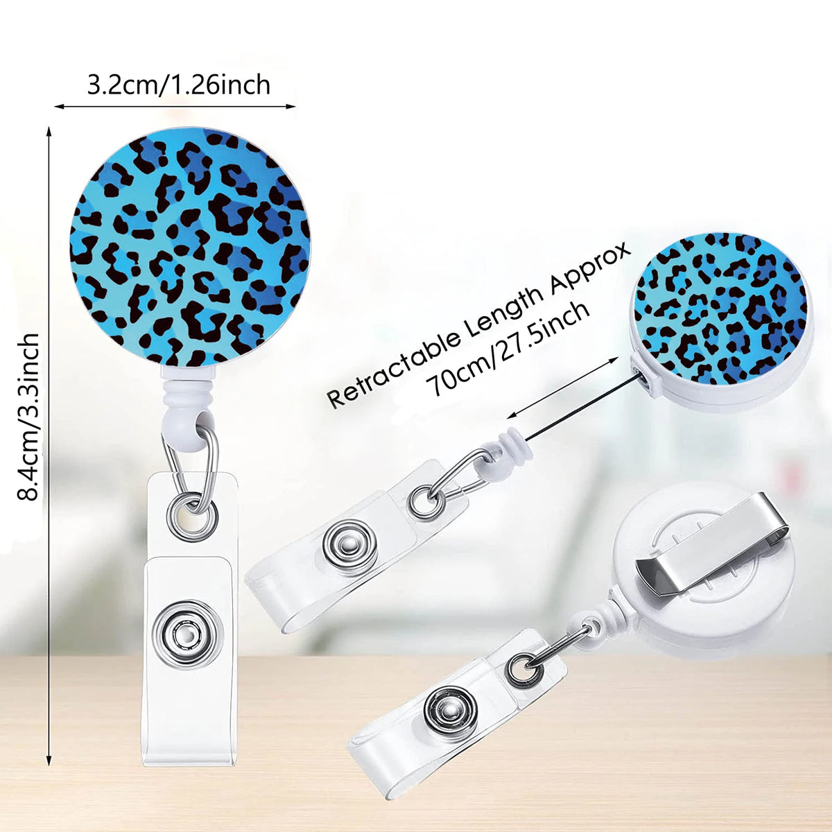 A leopard print retractable badge holder with a blue and black pattern, shown in various forms.