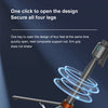 A close-up of a tripod featuring a composite support rod and a device, demonstrating a quick opening mechanism.