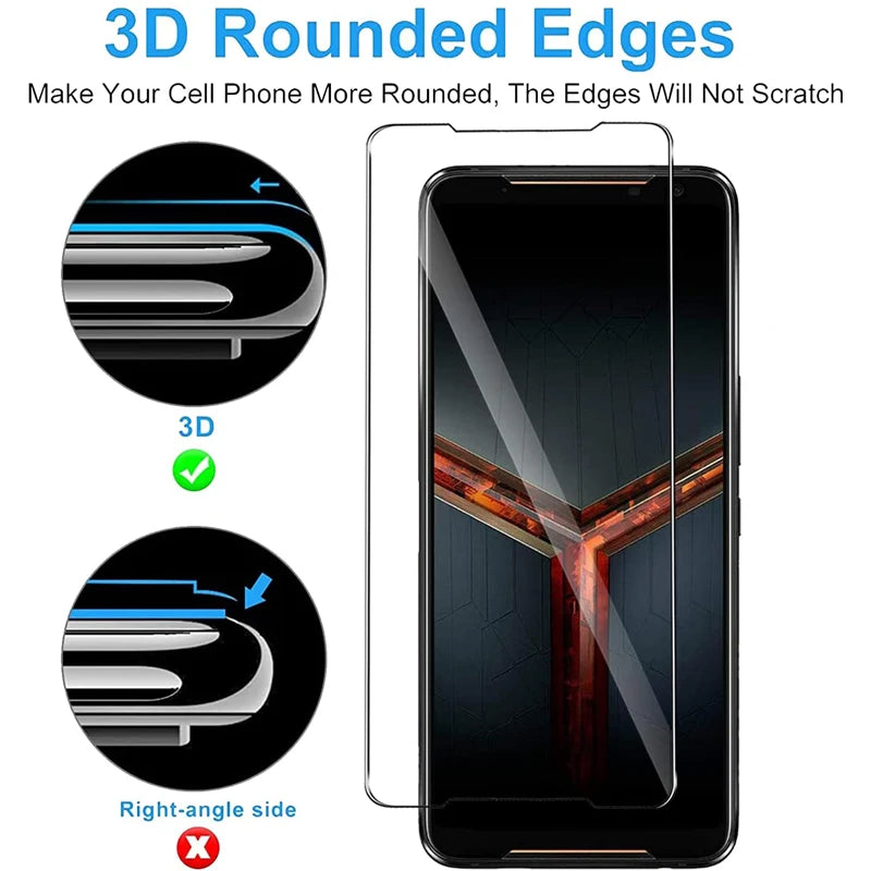 A product image showing a 3D rounded edges screen protector for a cell phone, demonstrating the difference between rounded an