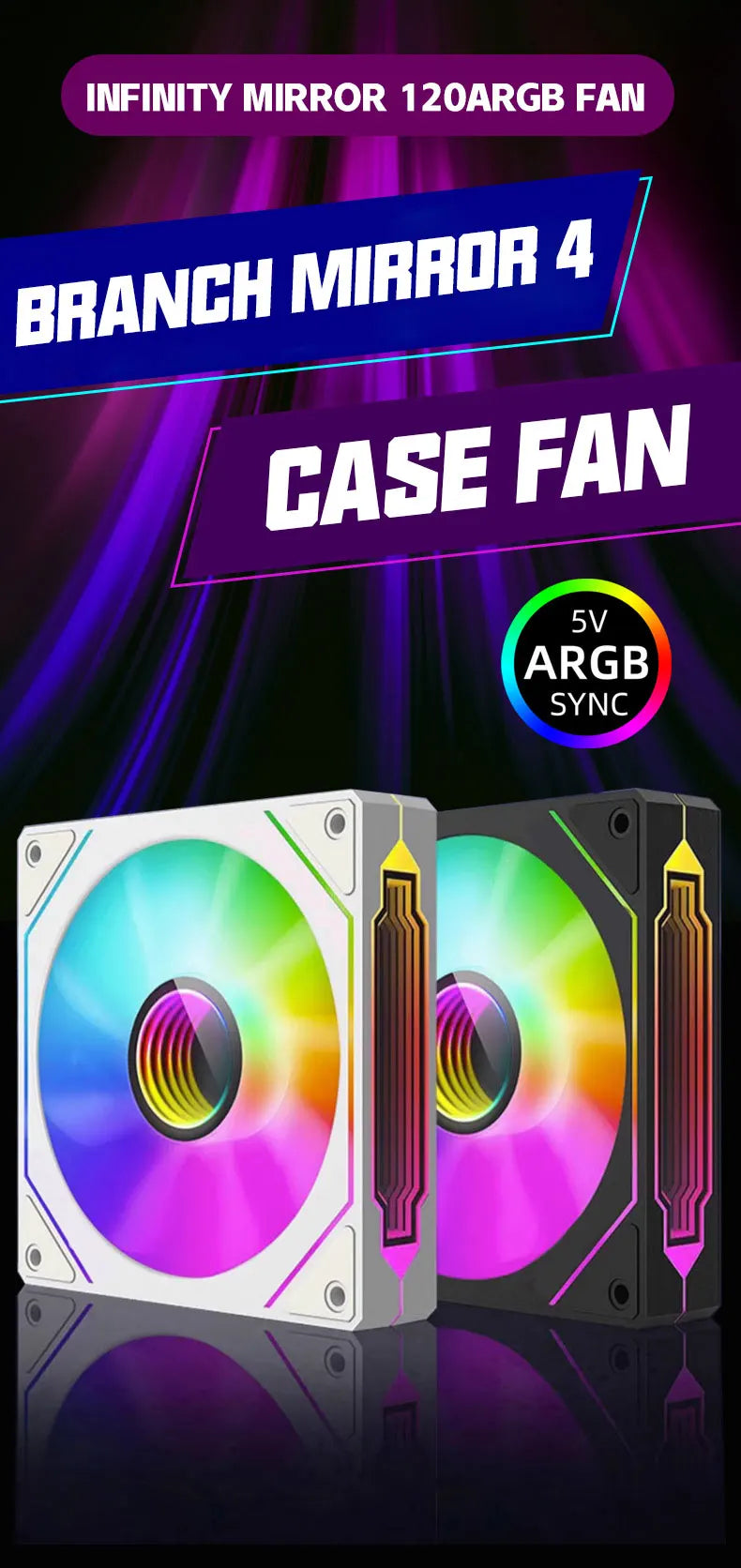 A close-up view of an Infinity Mirror Branch Mirror 4 case fan with ARGB lighting, featuring a glowing circular design.