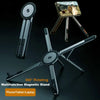 A black multifunction magnetic stand for phones, tablets, and laptops shown in various angles.