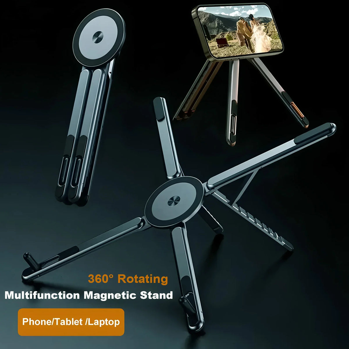 A black multifunction magnetic stand for phones, tablets, and laptops, shown in various angles.