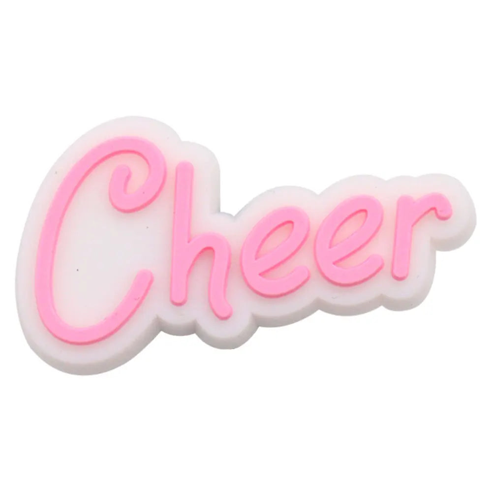 Pink die-cut charm spelling the word Cheer