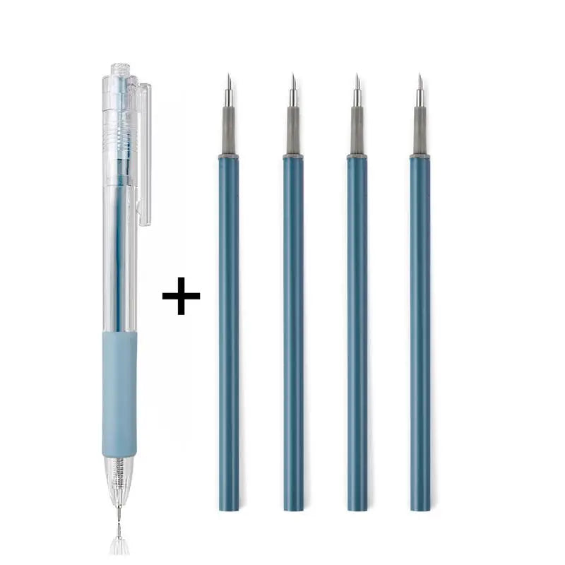 A set of precision utility knives in a light blue color, including various blade sizes and holders.