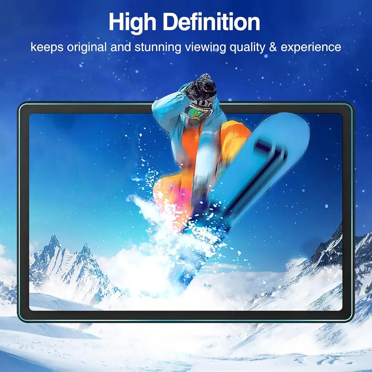 A high-definition screen protector is shown on a tablet displaying a snowy mountain landscape with a person jumping.
