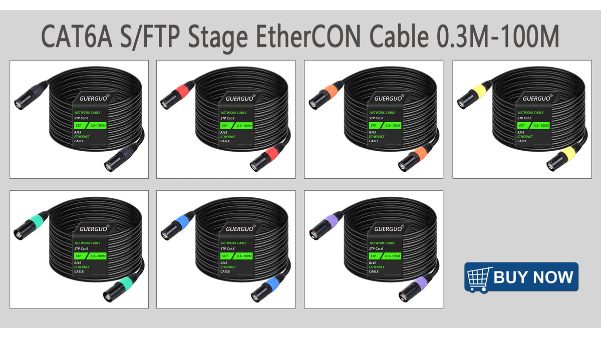 Roll of CAT6A S/FTP Ethernet cable for stage use, black and yellow connectors.