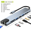 A silver 8-in-1 USB hub featuring HDMI, PD, USB, RJ45, SD, and TF ports.