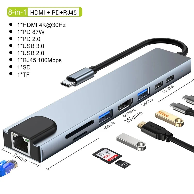A silver 8-in-1 USB hub featuring HDMI, PD, USB, RJ45, SD, and TF ports.
