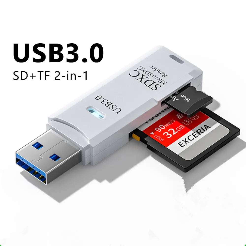 A white USB 3.0 SD and TF card reader device shown next to a memory card.